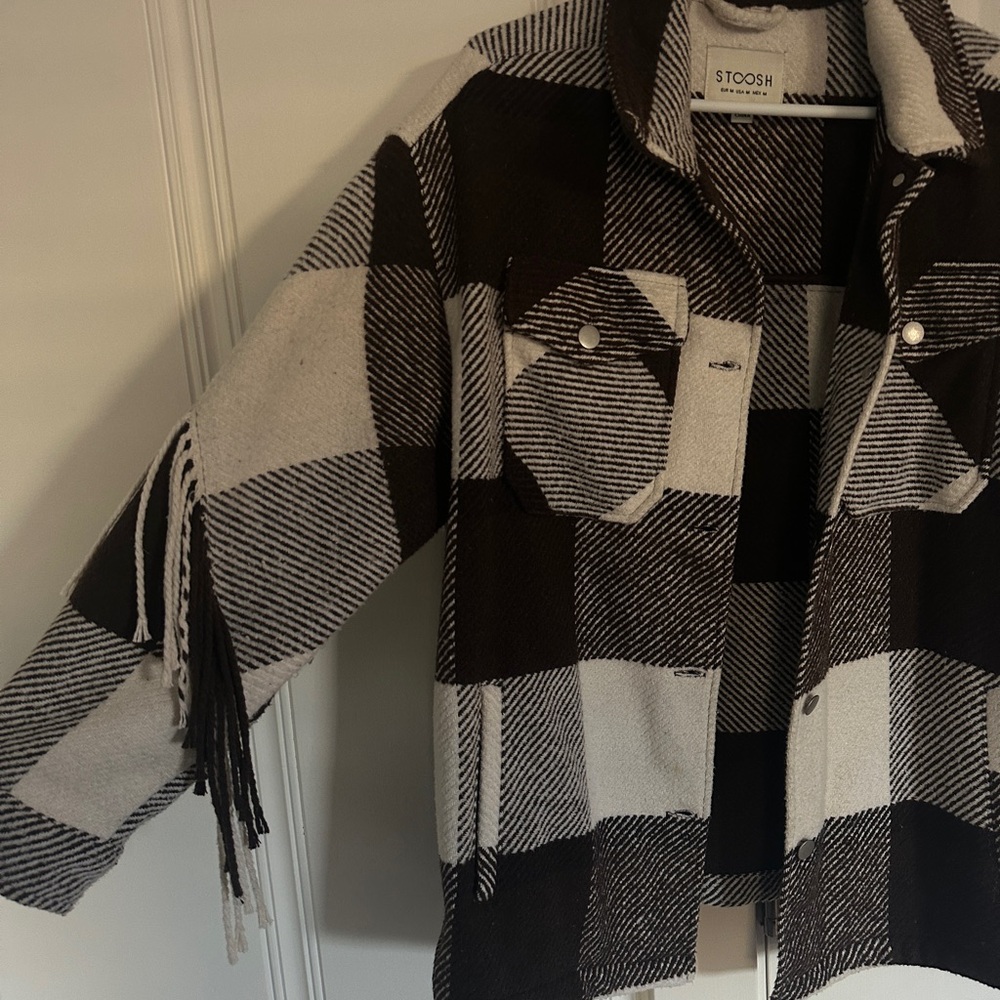 Stoosh Brown and White Plaid Fringe Shacket